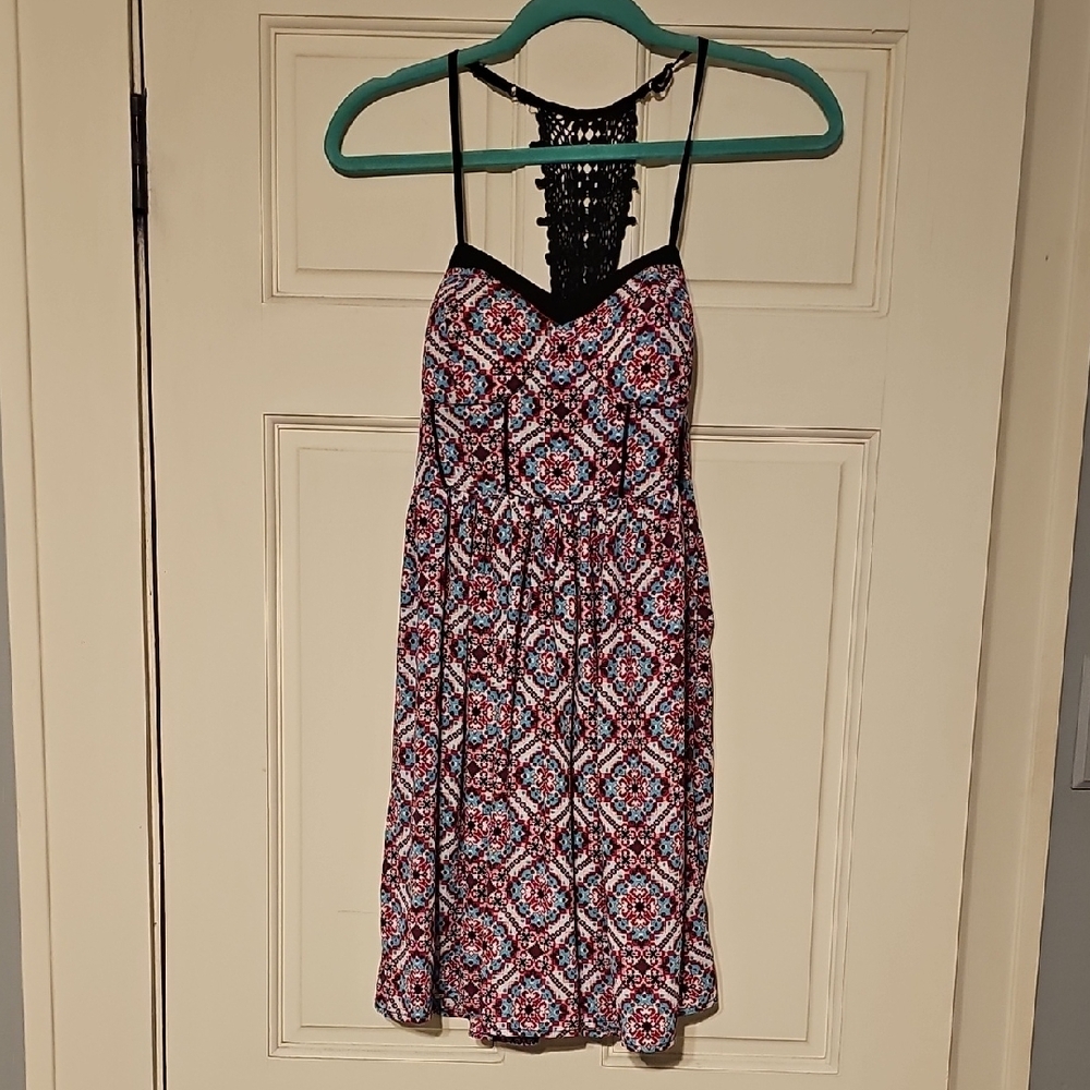 Boho Patterned Sundress with Black Crochet Detail